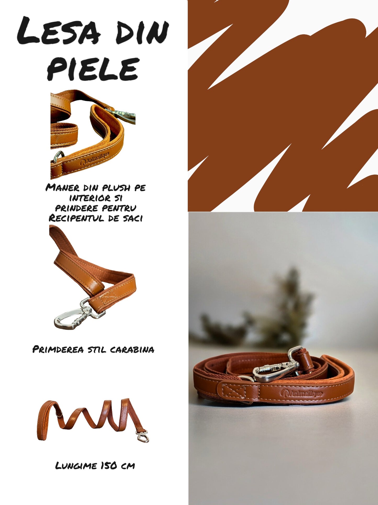 Lesă Câini din Piele Ecologică Maro Elegantă cu Mâner Pluș | Animalique
