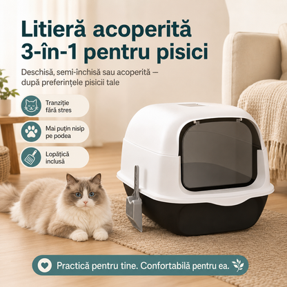 Litieră acoperită 3-în-1 pentru pisici
