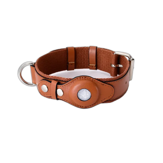 Zgardă Câini Piele Maro cu Suport AirTag Integrat | Animalique