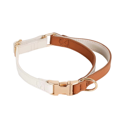 Zgardă Câini din Piele Ecologică Crem cu Accesorii Aurii | Animalique