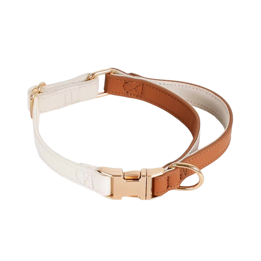 Zgardă Câini din Piele Ecologică Crem cu Accesorii Aurii | Animalique