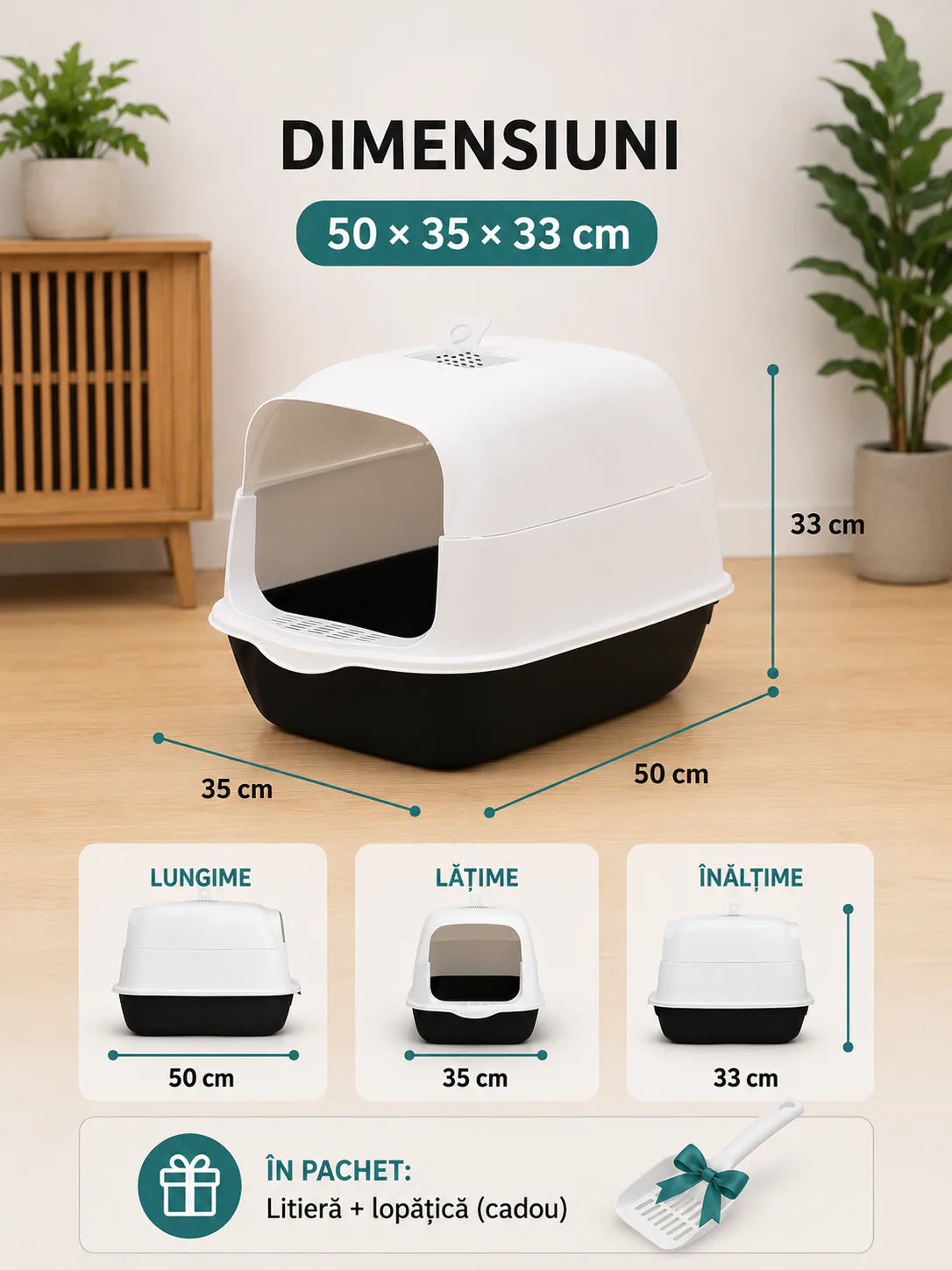 Dimensiunile Litierei Trio: 50 × 35 × 33 cm lungime, lățime, înălțime